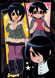 1boy 1girl black_eyes black_hair blush book boots earrings evygur0 fur_trim heart highres jewelry knives_chau pantyhose scott_pilgrim_(series)