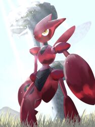 bug claws colored_skin full_body gen_2_pokemon highres insect_wings nintendo on_grass outdoors pokemon pokemon_(creature) red_skin redamber334 scizor solo standing sunlight tree wings yellow_eyes