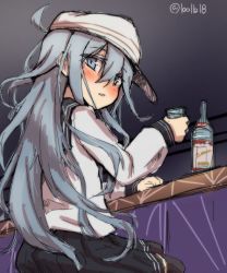 10011018 1girl alcohol bar_(place) black_thighhighs blush counter cup female_focus grey_eyes hair_between_eyes hat hibiki_(kancolle) holding holding_cup kantai_collection long_hair long_sleeves looking_at_viewer looking_back one-hour_drawing_challenge open_mouth pleated_skirt sailor_collar school_uniform serafuku shirt silver_hair sitting sketch skirt solo thighhighs twitter_username verniy_(kancolle) vodka white_hat