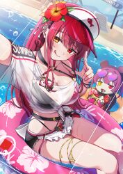 Rule 34 | 1girl, :q, ;q, absurdres, apron, beach, bikini, black bikini, black shorts, bracelet, breasts, chameleon (chameleon0613), criss-cross halter, cropped shirt, day, denim, denim shorts, dokuro-kun (houshou marine), fang, flower, frayed shorts, frilled apron, frills, hair flower, hair ornament, halterneck, hand up, heterochromia, highleg, highleg bikini, highres, hololive, holonatsu paradise, houshou kumarine, houshou marine, houshou marine (holonatsu paradise), jewelry, large breasts, long hair, navel, o-ring, o-ring bikini, ocean, official alternate costume, official alternate hairstyle, on innertube, one eye closed, outdoors, outstretched arm, recording, red bikini, red eyes, red hair, see-through clothes, see-through shirt, selfie, shirt, short shorts, shorts, sidelocks, sitting, skin fang, smile, solo, strap lift, swimsuit, t-shirt, thighlet, tied shirt, tongue, tongue out, viewfinder, virtual youtuber, visor cap, waist apron, water, white apron, white shirt, yellow eyes