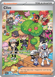 4girls 5boys apple applin artist_name atticus_(pokemon) bird black_hair black_jacket black_pants black_socks blonde_hair blue_eyes blue_hair blush blush_stickers boots bridge bright_pupils brown_shoes bush cane card_(medium) carmen_(pokemon) cellphone character_name charcadet chibi clavell_(pokemon) clenched_hand clive_(pokemon) closed_eyes closed_mouth colored_eyelashes company_name copyright_name copyright_notice dark-skinned_female dark-skinned_male dark_skin detached_sleeves english_text eri_(pokemon) eyelashes facepaint facial_hair fletchling floating food freckles from_side fruit gen_1_pokemon gen_2_pokemon gen_4_pokemon gen_6_pokemon gen_8_pokemon giacomo_(pokemon) glasses gloves grass green_eyes grey_boots grey_eyes grey_hoodie grey_pantyhose grey_shirt hand_on_another&#039;s_head hand_up hands_on_own_head hat headphones headphones_around_neck helmet hip_vent holding holding_cane holding_phone holding_unworn_clothes hood hood_down hoodie hoppip in_tree jacket kayama_taiga lechonk long_hair long_sleeves mela_(pokemon) multicolored_hair multiple_boys multiple_girls nintendo no_mask official_alternate_costume official_art open_clothes open_jacket open_mouth orange-tinted_eyewear ortega_(pokemon) outdoors pants pantyhose penny_(pokemon) phone pink_eyes pink_hair pink_jacket pink_pants pink_shoes poke_ball_symbol poke_ball_theme pokemon pokemon_(creature) pokemon_card pokemon_sv pokemon_tcg print_pantyhose psyduck purple_gloves purple_shorts purple_skirt purple_socks red_boots red_eyes red_hair rotom rotom_phone round_eyewear school_uniform shirt shoes short_hair short_sleeves shorts skirt smartphone smile socks squatting standing star-shaped_eyewear star_(symbol) sunglasses sylveon tadbulb team_star team_star_grunt team_star_uniform teeth third-party_source tinted_eyewear trading_card tree two-tone_hair uva_academy_school_uniform very_short_hair water white_eyes white_gloves white_hair white_hat white_helmet white_pupils white_shirt white_skirt wooden_bridge yellow-framed_eyewear yellow_eyes youssef_(pokemon)