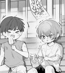 &gt;_&lt; 1boy 1girl bandaid bandaid_on_arm can child food greyscale highres holding holding_can holding_food holding_popsicle komekura_(komeppy22) laughing monochrome on_bench open_mouth original popsicle shirt short_hair short_sleeves shorts sitting sleeveless sleeveless_shirt spill trembling wet wet_clothes wet_shirt