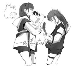 2girls aoki_hina bang_dream! bang_dream!_it&#039;s_mygo!!!!! blush cat chinese_commentary commentary_request electric_guitar greyscale guitar highres holding holding_microphone holding_plectrum hood hood_down hoodie instrument jacket jhon_trick long_hair microphone monochrome multiple_girls open_mouth plectrum sheep shorts thigh_strap twitter_username voice_actor youmiya_hina