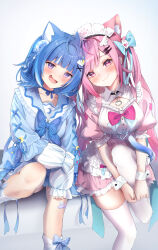 Rule 34 | 2girls, :3, absurdres, ahoge, animal ears, animal print, ankle socks, apron, bandaid, bandaid on leg, bare arms, belt, blue bow, blue dress, blue hair, blue ribbon, blush, bow, bow legwear, breasts, buttons, cat ears, cat girl, cat ornament, cat print, choker, cleavage cutout, clothing cutout, cloud hair ornament, collar, collarbone, commentary, crescent print, cross-laced clothes, cross-laced sleeves, cross hair ornament, crossed bandaids, dress, fang, frilled collar, frilled skirt, frilled sleeves, frills, furrowed brow, hair bow, hair intakes, hair ornament, hairclip, head tilt, heart belt buckle, highres, indie virtual youtuber, knee up, kurageu roa, large breasts, layered sleeves, leaning on person, long sleeves, looking at viewer, maid, maid apron, multiple girls, o-ring, o-ring choker, pantyhose, parallel hairclips, paw print, pink belt, pink bow, pink dress, pink hair, puffy short sleeves, puffy sleeves, purple eyes, ribbon, ribbon choker, sailor collar, short dress, short over long sleeves, short sleeves, simple background, sitting, skin fang, skirt, small breasts, smirk, socks, tail, tail wrap, terra bose, thighhighs, twintails, virtual youtuber, white background, white pantyhose, white sailor collar, white sleeves, white socks, white wrist cuffs, wing hair ornament, wrist cuffs, yuuki sakuna, zettai ryouiki
