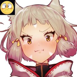 1girl :i animal_ears blush brown_eyes closed_mouth commentary_request emoji grey_hair hair_ribbon imitating kyosuke1413koba looking_at_viewer nia_(xenoblade) portrait reference_inset ribbon short_hair sidelocks signature simple_background solo tears white_background xenoblade_chronicles_(series) xenoblade_chronicles_2 yellow_ribbon