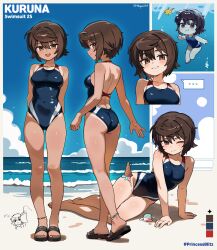 1girl arm_support bare_back beach black_hair breast_conscious food hepari ice_cream kuruna_(hepari) multiple_views one-piece_swimsuit original princess_blitz reference_sheet sandals short_hair sitting swimsuit tan tanline underwater