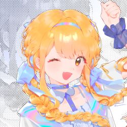 1girl ;d arm_up blonde_hair blue_ribbon braid closed_eyes commentary detached_collar fang fujita_kotone gakuen_idolmaster hair_ribbon hairband highres holographic_clothing idolmaster long_hair multicolored_hairband one_eye_closed open_mouth ribbon sekaiichi_kawaii_watashi_(idolmaster) skin_fang smile solo symbol-only_commentary twin_braids upper_body wrist_cuffs yellow_eyes yuuuuxin728