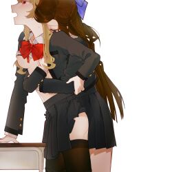 Rule 34 | 2girls, asymmetrical bangs, black thighhighs, blonde hair, bow, bowtie, breast pocket, brown hair, buttons, closed eyes, clothes lift, collared shirt, cowboy shot, desk, facing another, front-to-back, grabbing another&#039;s arm, grabbing another&#039;s breast, grabbing from behind, grey jacket, grey skirt, groping, hair bow, hand rest, head on another&#039;s back, highres, hug, hug from behind, jacket, leaning forward, leaning on person, long hair, long sidelocks, long sleeves, looking ahead, multiple girls, nipples, open clothes, open jacket, open mouth, parted bangs, pleated skirt, pocket, purple bow, red bow, red bowtie, red eyes, saijou claudine, school desk, school uniform, seishou music academy uniform, shirt, shirt lift, shoujo kageki revue starlight, sidelocks, simple background, skirt, skirt lift, sweatdrop, tears, tendou maya, thighhighs, very long hair, vojaganto, white background, white shirt, yuri