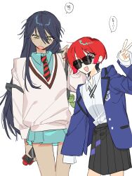 2girls amate_yuzuriha aqua_eyes black_hair collared_shirt cosplay costume_switch gundam gundam_gquuuuuux highres holding holding_phone jacket long_hair looking_at_viewer m_manjyu multiple_girls necktie nyaan_(gundam_gquuuuuux) phone red_hair school_uniform shirt short_hair simple_background skirt smile speech_bubble sunglasses sweater v white_background yellow_eyes