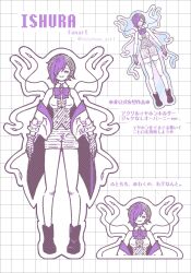 Rule 34 | 1girl, bare shoulders, black hair, bow, bowtie, breasts, cable, center frills, chickenz girl, copyright name, frills, gloves, highres, ishura, large breasts, merchandise, monochrome, multicolored hair, multiple views, nihilo the vortical stampede, open mouth, outline, patterned background, purple eyes, purple hair, shirt, short hair, simple background, smile, solo, spot color, thighhighs, twitter username, two-tone hair, white background
