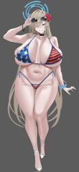 1girl adjusting_eyewear american_flag american_flag_bikini american_flag_print anklet asuna_(blue_archive) bikini black_choker blonde_hair blue_archive blue_eyes blue_nails blush bracelet breasts breasts_apart choker earrings flag_print flag_print_bikini flower flower_on_head grey_background hair_over_one_eye halo high_heels highleg highleg_bikini highres huge_breasts jewelry long_hair morning_glory nail_polish navel one_eye_covered plump print_bikini quanzidongziben scrunchie shoes side-tie_bikini_bottom smile solo standing sunglasses sunglasses_on_head swimsuit thick_thighs thigh_gap thighs very_long_hair white_shoes wide_hips wrist_scrunchie