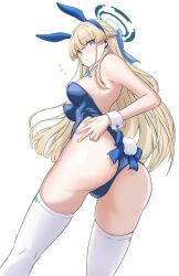 1girl ^^^ absurdres animal_ears ass blonde_hair blue_archive blue_bow blue_eyes blue_halo blue_leotard bow braid detached_collar earpiece fake_animal_ears fake_tail from_behind half_up_braid halo highleg highleg_leotard highres leotard long_hair looking_at_viewer looking_back official_alternate_costume ogura_toast playboy_bunny rabbit_ears rabbit_tail solo strapless strapless_leotard tail thighhighs toki_(blue_archive) toki_(bunny)_(blue_archive) white_background white_thighhighs white_wrist_cuffs wrist_cuffs