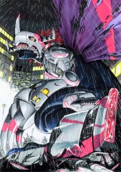 blue_scales city claw_(weapon) cyborg digimon digimon_(creature) dinosaur highres horns mechanical_arms metalgreymon_(virus) miura_satoru night purple_wings rain red_hair sharp_teeth short_hair single_mechanical_arm solo teeth torn_wings weapon wings yellow_eyes