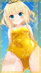 Rule 34 | 1girl, adversarial noise, alternate costume, black ribbon, blonde hair, blue eyes, closed mouth, commentary request, cowboy shot, flat chest, gochuumon wa usagi desu ka?, hair ribbon, highres, inaba shiki, kirima syaro, looking at viewer, one-piece swimsuit, paid reward available, ribbon, short hair, solo, swimsuit, yellow one-piece swimsuit