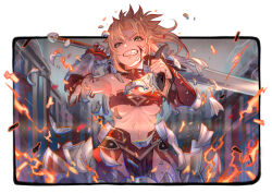1girl armor armpits bandeau blonde_hair blood blood_on_face border breasts clarent_(fate) clenched_teeth detached_sleeves fate/grand_order fate_(series) faulds fire green_eyes highres holding holding_sword holding_weapon medium_breasts mordred_(fate) mordred_(fate/apocrypha) ponytail red_bandeau red_sleeves solo standing sword teeth torn_bandeau torn_clothes torn_sleeves ugo_(artist) underboob weapon white_border