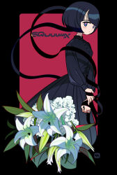 1girl black_border black_dress black_hair black_ribbon blue_eyes blunt_bangs blush_stickers bob_cut border bright_pupils closed_mouth commentary copyright_name diagonal_bangs dot_nose dress expressionless flower from_side gundam gundam_gquuuuuux hashtag-only_commentary highres jewelry lily_(flower) long_dress long_sleeves looking_at_viewer looking_to_the_side no_sclera outside_border pleated_dress puffy_long_sleeves puffy_sleeves red_background ribbon ring rose shiiko_sugai short_hair solo standing straight_hair symbol-only_commentary take_(illustrator) tareme white_flower white_lily white_pupils white_rose