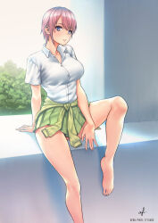 absurdres afba go-toubun_no_hanayome green_skirt highres looking_at_viewer nakano_ichika pink_hair school_uniform shirt short_hair simple_background skirt white_shirt