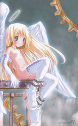 1girl absurdres angel angel_wings blonde_hair blush boots breasts buckled_shoes collarbone copyright_request elbow_gloves female_focus gloves green_eyes halo highres lace lace-trimmed_gloves lace-trimmed_legwear lace_trim loli long_hair long_sleeves nipples nude pop small_breasts solo source_request thighhighs very_long_hair white_boots wings