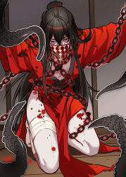 1boy absurdres bags_under_eyes bandaged_leg bandages bare_legs bdsm black_hair blood blood_on_body blood_on_clothes blood_on_face blood_on_leg blood_on_mask blood_splatter bound chain chained chinese_clothes chinese_commentary coin coin_mask covered_mouth dao_gui_yi_xian hair_between_eyes hair_bun hanfu highres holed_coin indoors kneeling li_huowang long_hair long_sleeves looking_at_viewer male_focus mask mouth_veil moxiaobingbuxiao no_shoes on_floor outstretched_arms ponytail red_eyes red_hanfu restrained robe sidelocks single_hair_bun socks solo tentacles veil very_long_hair white_socks wide_sleeves wooden_floor