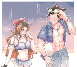 1boy 1girl 7_(milu577610) abs aerith_gainsborough averting_eyes ball bandaid bandaid_on_cheek bandaid_on_face bare_shoulders beach beachball bikini bikini_skirt black_hair blue_shirt blue_sky blush brown_hair choker commentary_request couple facing_another final_fantasy final_fantasy_vii final_fantasy_vii_ever_crisis floral_print flying_sweatdrops green_eyes grin hair_ribbon heart height_difference highres long_hair male_swimwear muscular muscular_male navel open_clothes open_shirt parted_bangs pink_ribbon print_shirt ribbon shirt sky smile spiked_hair spoken_blush spoken_heart stomach sunglasses swim_trunks swimsuit translation_request zack_fair