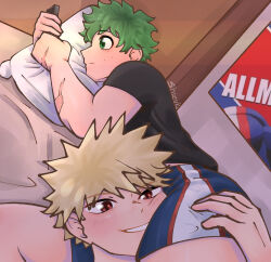 bakudeku bakugou_katsuki bed blonde_hair boku_no_hero_academia bones_(company) cellphone freckles green_eyes green_hair head_in_legs highres legs lying messy_hair midoriya_izuku on_bed phone pillow poster_(object) red_eyes scar scar_on_arm shirt shizuki-chan5 shounen_jump smile spiked_hair underwear