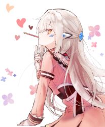 1girl code:_sariel_(elsword) dress elsword eve_(elsword) facial_mark floral_background food from_side hair_between_eyes hair_intakes hair_ornament half_updo heart highres korean_commentary long_hair looking_at_viewer mouth_hold nahyang_0w0 orange_eyes pink_dress pocky profile sideways_glance solo white_background white_hair