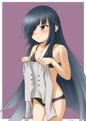 Rule 34 | 1girl, black bra, black hair, black panties, blunt bangs, border, bra, breasts, brown eyes, clothes in front, dress, hair over one eye, hayashimo (kancolle), hayashimo kai ni (kancolle), kantai collection, one-hour drawing challenge, outside border, panties, purple background, ray.s, simple background, small breasts, solo, two-tone background, underwear, underwear only, white background, white border
