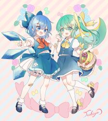 2girls :d ankle_socks apple artist_name ascot banana bandaid bandaid_on_knee bandaid_on_leg bangle basket black_shoes bloomers blue_bow blue_eyes blue_hair blue_skirt blue_vest bow bowtie bracelet candy_hair_ornament cirno collared_shirt commentary_request daiyousei fairy_wings food food-themed_hair_ornament frilled_shirt_collar frills fruit full_body grapes green_bow green_eyes green_hair hair_bow hair_ornament hand_on_own_hip highres ice ice_wings jewelry kneehighs long_hair mikazuki_tsukiyo multiple_girls one_side_up open_mouth outstretched_arm puffy_short_sleeves puffy_sleeves red_bow red_bowtie shirt shoes short_hair short_sleeves skirt smile snowman_hair_ornament socks standing strawberry striped_background touhou underwear vest white_bloomers white_shirt white_socks wings yellow_ascot yellow_bow