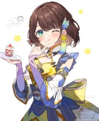 1girl 6crcg ;q arm_warmers artist_name back_bow blue_eyes blunt_bangs blush bow braid cake chinese_clothes closed_mouth clothing_cutout detached_sleeves dress earrings eyelashes food fork frilled_sleeves frills fruit hair_ornament hair_ribbon hands_up hashtag-only_commentary highres holding holding_fork holding_plate index_finger_raised jewelry looking_at_viewer mandarin_collar mole mole_under_mouth multicolored_dress nijisanji one_eye_closed parted_bangs plate purple_arm_warmers purple_hair ribbon ribbon_braid shiga_riko short_hair simple_background single_braid sleeveless sleeveless_dress smile solo strawberry tassel tassel_earrings tongue tongue_out twitter_username virtual_youtuber watermark white_background white_dress white_ribbon white_sleeves wing_hair_ornament yellow_bow yellow_dress yellow_ribbon