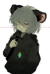 1girl absurdres alternate_costume animal_ear_fluff animal_ears bandaid bandaid_on_face bandaid_on_nose biming black_hoodie cookie_(touhou) cowboy_shot grey_hair hair_between_eyes highres hood hood_down hoodie jewelry long_bangs looking_at_viewer mouse_ears mouse_girl nazrin necklace nyon_(cookie) open_mouth pendant red_eyes short_hair smile solo tongue tongue_out touhou white_background