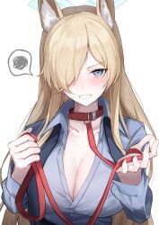 1girl absurdres animal_ear_fluff animal_ears blonde_hair blue_archive blue_eyes blue_halo blue_shirt blush breasts cleavage clenched_teeth collar collared_shirt commentary_request dog_ears hair_over_one_eye halo highres holding_own_leash kanna_(blue_archive) large_breasts leash long_hair long_sleeves offering_leash oiru_(613) shirt simple_background solo speech_bubble spoken_squiggle squiggle sweat teeth upper_body white_background