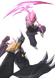 Rule 34 | armor, black armor, black pants, black shirt, black skin, blackwargreymon, blonde hair, claw (weapon), colored skin, crossover, digimon, digimon (creature), dougi, dragon, dragon ball, dragon ball super, earrings, energy blade, gamr1p, gauntlets, goku black, grey tunic, highres, holding, holding scythe, horns, jewelry, medium hair, pants, pink hair, red eyes, scythe, shirt, simple background, single earring, spiked hair, super saiyan, super saiyan rose, trait connection, tunic, weapon, white background, yellow eyes