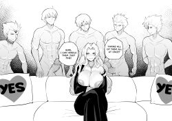 1girl 5boys abs arms_behind_back bare_shoulders bleach breasts chain chain_necklace collarbone couch crossed_legs crossover english_text fate_(series) gilgamesh_(fate) grin japanese_clothes jewelry large_breasts long_hair matsumoto_rangiku mole mole_under_mouth monochrome multiple_boys necklace nude parted_bangs penis pillow piper_perri_surrounded_(meme) sakiyume11 shawl shihakusho short_hair smile speech_bubble toned toned_male uncensored