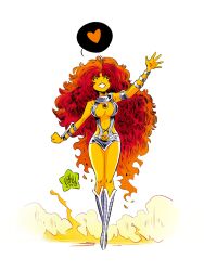 1girl boots breasts colored_skin dc_comics fiery_hair fire full_body green_eyes heart highres large_breasts long_hair mikemaihack open_mouth red_hair simple_background solid_eyes solo speech_bubble spoken_heart starfire starfire_(1980_costume) superhero_costume tamaranean teen_titans very_long_hair waving white_background yellow_skin