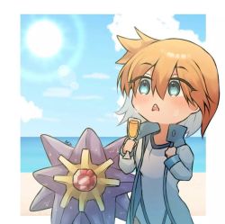 1girl aqua_eyes artist_request bare_arms beach breasts gen_1_pokemon legs misty_(pokemon) nintendo one-piece_swimsuit orange_hair pokemon pokemon_hgss short_hair source_request starmie swimsuit water wet white_one-piece_swimsuit