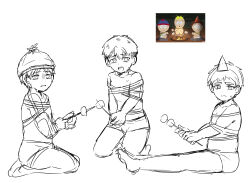 3boys blonde_hair brown_hair butters_stotch child clyde_donovan elementary_schoolboy food hat highres marshmallow multiple_boys party_hat shota sitting south_park stan_marsh underwear underwear_only_(male)