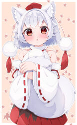 1girl animal_ears bare_shoulders black_skirt blush commentary cowboy_shot detached_sleeves hat inubashiri_momiji looking_at_viewer open_mouth outline pom_pom_(clothes) red_eyes red_hat red_skirt ribbon-trimmed_sleeves ribbon_trim rururiaru shirt short_hair skirt sleeveless sleeveless_shirt solo tail tokin_hat touhou two-tone_skirt white_outline white_shirt white_sleeves wide_sleeves wolf_ears wolf_tail