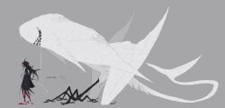 1other bird_legs black_coat black_hair coat feathers from_side full_body grey_background highres kamikiririp long_hair monster original other_focus see-through_clothes simple_background size_difference solo standing talons white_feathers white_string white_tail white_wings wings