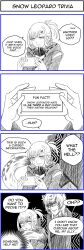 1boy 1girl 4koma absurdres animal_ears arknights cellphone comic doctor_(arknights) english_text female_doctor_(arknights) greyscale hair_between_eyes highres jacket leopard_boy leopard_ears monochrome phone sarasenia92 silverash_(arknights) speech_bubble sweat tail vertical_comic