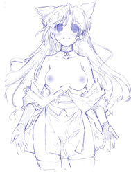 1girl animal_ears bare_shoulders bell blush breasts breasts_out cat_ears cat_girl collarbone contrapposto empty_eyes female_focus fingerless_gloves gloves japanese_clothes kimono kimono_pull light_smile long_hair looking_at_viewer monochrome ninja nipples no_bra okome_rice open_clothes open_kimono parted_bangs sidelocks simple_background sketch solo standing tareme teeth thighhighs topless_female very_long_hair white_background wide_hips