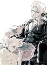 2boys back black_shirt clothed_male_nude_male cloud_strife collar couch final_fantasy final_fantasy_vii glasses gloves hand_on_another&#039;s_head hand_on_another&#039;s_thigh headpat highres kneeling looking_back male_focus multiple_boys nijomushi nude on_couch pants partially_unbuttoned sephiroth shirt short_hair sitting spiked_hair yaoi