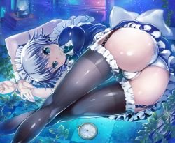 1girl ass back-seamed_legwear black_thighhighs blush book braid breasts cameltoe checkered_floor crossed_legs female_focus floor garter_straps green_eyes hekiten highres izayoi_sakuya kneepits lantern large_breasts looking_at_viewer lying maid_headdress md5_mismatch on_side panties partially_visible_vulva pocket_watch resolution_mismatch revision seamed_legwear short_hair silver_hair solo source_smaller thighhighs touhou twin_braids underwear watch white_panties wrist_cuffs