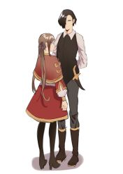brown_hair chocolate_(jitong) edelgard_von_hresvelg fire_emblem fire_emblem:_three_houses green_eyes highres hubert_von_vestra long_hair nintendo pants purple_eyes red_skirt shirt short_hair skirt standing twintails white_shirt