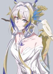 Rule 34 | 1girl, ambience synesthesia, arknights, arm up, bare shoulders, bird, bird on hand, blonde hair, blue eyes, breasts, closed mouth, collarbone, colored extremities, dragon girl, dragon horns, dress, eyeliner, eyes visible through hair, grey background, grey hair, highres, horns, long hair, looking at viewer, makeup, medium breasts, multicolored hair, off shoulder, official alternate costume, pointy ears, purple hair, red eyeliner, shu (arknights), shu (bingwenyuyou) (arknights), simple background, solo, upper body, white dress, yunge399
