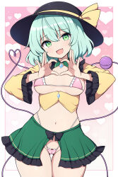 1girl :d aqua_hair black_hat bra breasts commentary_request eyeball gradient_background green_eyes green_skirt hat heart heart_background heart_hands heart_of_string highres komeiji_koishi looking_at_viewer medium_breasts open_mouth panties pink_background pink_bra pink_panties rizento short_hair skirt smile solo third_eye touhou underwear