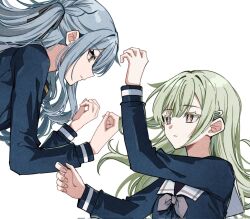 2girls bang_dream! bang_dream!_it&#039;s_mygo!!!!! black_ribbon blue_hair blue_shirt bucishiro commentary green_hair grey_neckerchief hair_ornament hair_ribbon hairclip hashtag-only_commentary highres long_hair long_sleeves looking_at_another multiple_girls neckerchief parted_lips ribbon sailor_collar shirt simple_background togawa_sakiko two_side_up wakaba_mutsumi white_background white_sailor_collar yellow_eyes