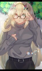 1girl akio_(akio1124) barghest_(fate) belt black_belt black_skirt blonde_hair blush breasts bush commentary_request contemporary dappled_sunlight fate/grand_order fate_(series) glasses green_eyes grey_sweater hair_between_eyes hand_in_own_hair hand_on_own_chest heterochromia highres large_breasts long_hair open_mouth red_eyes shy skirt solo sunlight sweater