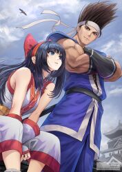 1boy 1girl ainu_clothes bird black_hair blue_eyes dargain_x from_below hanzo_(world_heroes) hawk highres looking_at_another looking_down looking_up muscular nakoruru samurai_spirits sitting sky sleeveless smile snk world_heroes