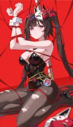 1girl armpit_crease black_pantyhose bound bound_arms breasts brown_hair dawon fox_mask highres honkai:_star_rail honkai_(series) leotard looking_at_viewer mark_under_both_eyes mask mask_on_head pantyhose pink_eyes playboy_bunny pole pout red_background simple_background solo sparkle_(honkai:_star_rail) strapless strapless_leotard torn_clothes torn_pantyhose twintails wrist_cuffs