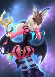1girl absurdres animal_ears bat_ears bat_girl bat_wings brown_hair brown_long-eared_bat_(kemono_friends) candy crown dress extra_ears food grey_hair heart heart_tail highres horns kemono_friends kemono_friends_v_project long_hair looking_at_viewer multicolored_hair oaug241 pantyhose shoes solo space streaked_hair tail virtual_youtuber weapon wings
